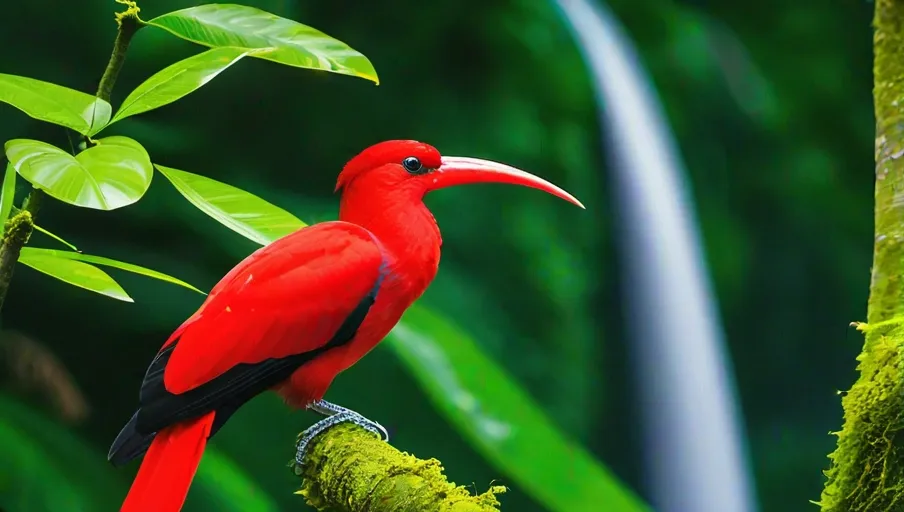 Hispaniolan Trogon harmoniously coexist amidst towering trees and cascading waterfalls