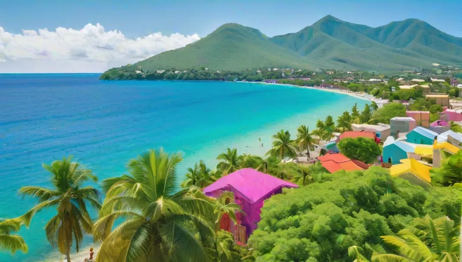 by lush palm trees and a sparkling blue ocean backdrop