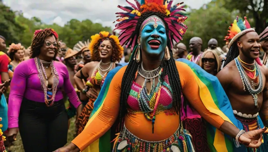 dances wearing colorful costumes and celebrating together with joyous expressions