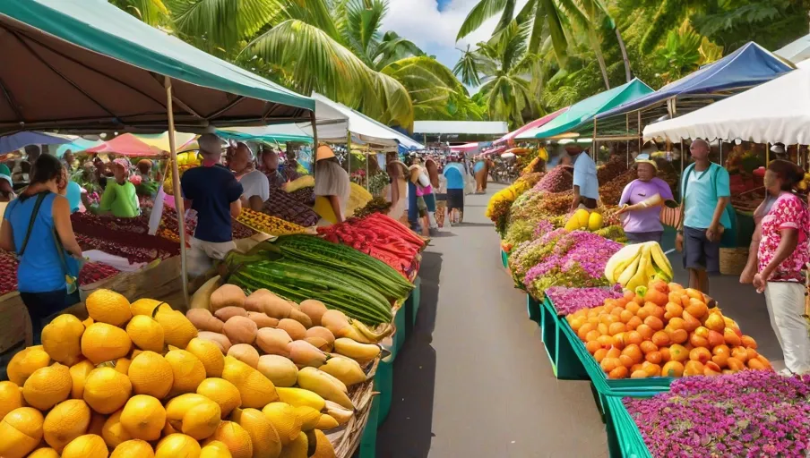 stalls overflowing with tropical fruits fragrant spices and exotic flowers