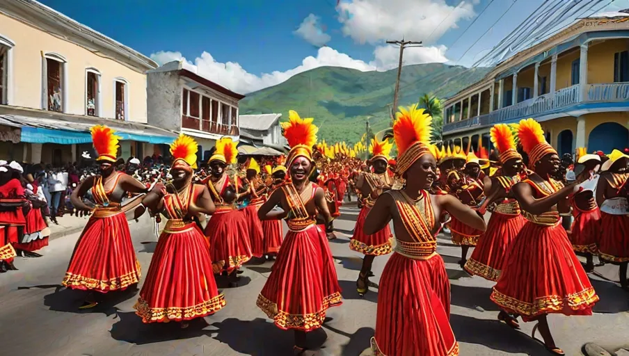 traditional instruments surrounded by joyful dancers clad in vivid costumes